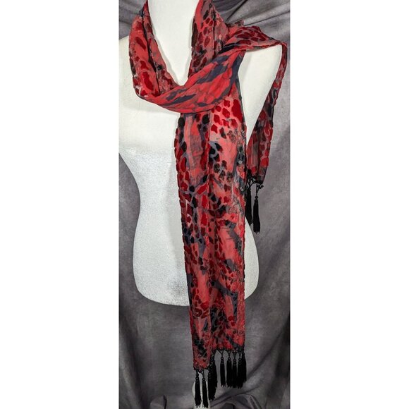 Gothic Red And Black Abstract Velvet Burnout Beaded Fringe Scarf - Picture 6 of 8